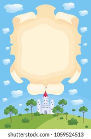 Colorful background with a picture of a parchment scroll and fairytale castle. Vector illustration.