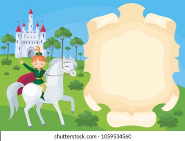 Colorful background with a picture of a parchment scroll, fairytale castle and Prince. Vector illustration.