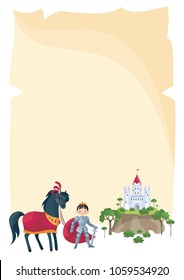 Colorful background with a picture of a parchment scroll, fairytale castle and Prince. Vector illustration.