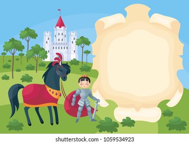 Colorful background with a picture of a parchment scroll, fairytale castle and Prince. Vector illustration.