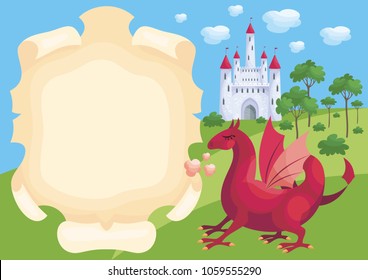 Colorful background with a picture of a parchment scroll, fairytale castle and dragon. Vector illustration.