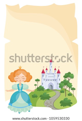 Colorful background with a picture of a parchment scroll, fairytale castle and a pretty Princess. Vector illustration.