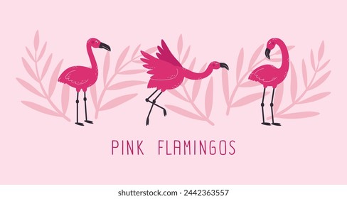 Colorful background with pink flamingos and tropical plants. Flamingos and leaves vector set