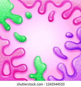 Colorful background with pink and green splashes, glitter slimes dripping, glossy texture, vector illustration