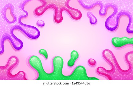 Colorful background with pink and green splashes, glitter slimes dripping, glossy texture, vector illustration