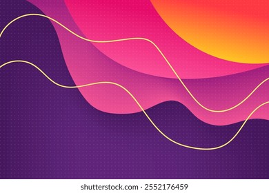 Um plano de fundo colorido com um elemento de cores de gradiente rosa e amarelo. O fundo é uma mistura de roxo e amarelo com linhas amarelas e padrão de círculo branco transparente