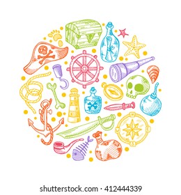 Colorful background with pirate elements. Round circle composition. Hand drawn vector illustration. Map, flag, anchor, spyglass, lighthouse, ahoy, bone, money, rum, bottle, palm, cannonball and other.