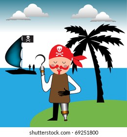 Colorful background with pirate standing on a small island near a palm tree and a small pirate boat sailing on the sea