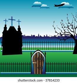 Colorful background with plane flying, tree shape, church, fence and a small gate made from wood