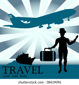 Colorful background with plane shape, ship and male silhouette wearing a suitcase. Traveling concept