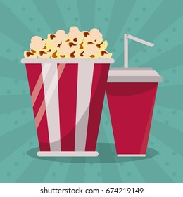 colorful background with popcorn pack and soda