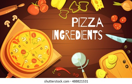 Colorful background with prepared pizza meat and vegetable ingredients and knife for cutting flat vector illustration 