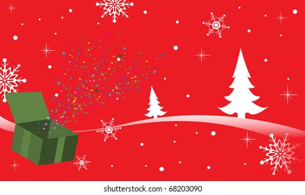 Colorful background with present box, white snowflakes and fir tree shapes. Winter card