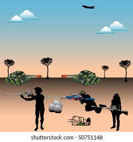 Colorful background with professional snipers standing in a conflict area