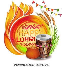 Colorful background for Punjabi festival with decorated drum (Dhol), lohri celebration bonfire, pot, wheat and greeting inscription - Happy Lohri. Vector illustration