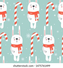 Colorful background with rabbits, candy canes, snow. Decorative cute backdrop vector. Happy New Year, seamless pattern with animals. Winter time