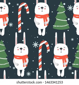 Colorful background with rabbits, fir trees, candy canes. Decorative cute backdrop vector. Happy New Year, seamless pattern with animals. Winter time
