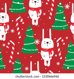 Colorful background with rabbits, fir trees, candy canes, snow. Decorative cute backdrop vector. Happy New Year, seamless pattern with animals. Winter time