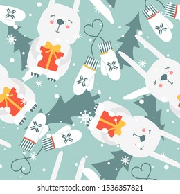 Colorful background with rabbits, fir trees, gifts, mittens, snow. Decorative cute backdrop vector. Happy New Year, seamless pattern with animals. Winter time