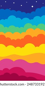 A colorful background with a rainbow, clouds, and stars in the sky