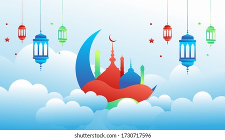 Ramadan Kareem diseño islámico luna creciente y silueta de cúpula de mezquita con patrón árabe y caligrafía