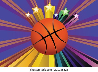Colorful background with rays and basketball ball over it.