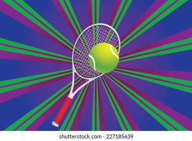 Colorful background with rays and tennis ball with racket over it.