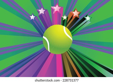 Colorful background with rays and tennis ball over it.