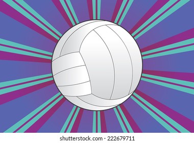 Colorful background with rays and volleyball ball over it.