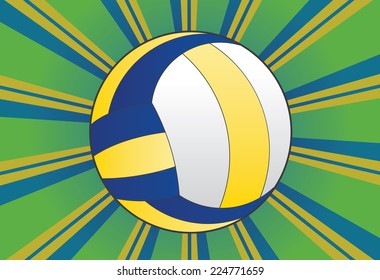 Colorful background with rays and volleyball ball over it.