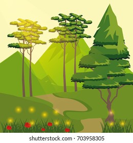 colorful background of road and mountain with trees and sunlight