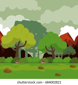 colorful background with rocky mountains and forest landscape