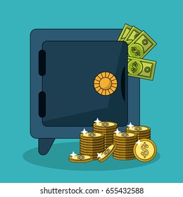 colorful background with safe box and money bills and stacked coins