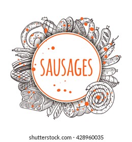 Colorful background with sausages. Round circle composition. Hand drawn vector illustration. Salami, ham, pepperoni, frankfurter and bratwurst sausage, bacon and other.