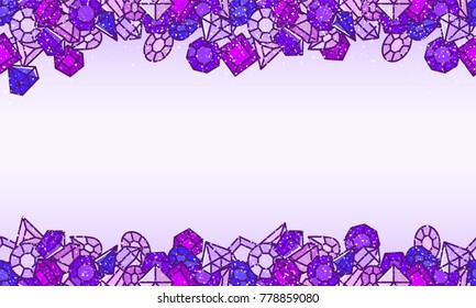 Colorful background with scattered veolet gemstones, jewels from above and below, vector frame illustration in modern 2018 color