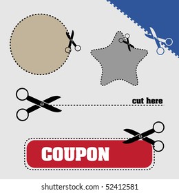 Colorful background with scissors cutting dotted lines and various shapes