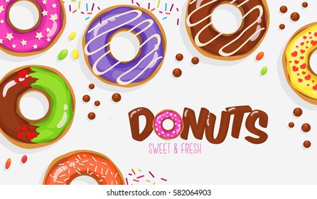 Colorful background with set of glazed donuts. View from the top. Donuts in a modern flat style. Vector illustration