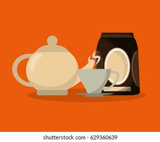 colorful background set packaking of coffee and teapot with porcelain mug