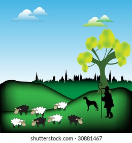 Colorful background with a shepherd and his dog guarding a flock of sheep