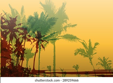 Colorful background with silhouette of palm trees on the beach. Tropical seasonal background for topics of travel, vacation and summer.