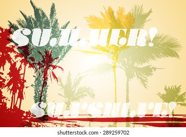 Colorful background with silhouette of palm trees on the beach. Tropical seasonal background for topics of travel, vacation and summer.