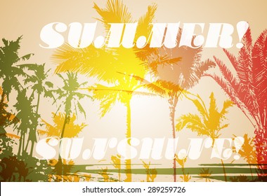 Colorful background with silhouette of palm trees on the beach. Tropical seasonal background for topics of travel, vacation and summer.