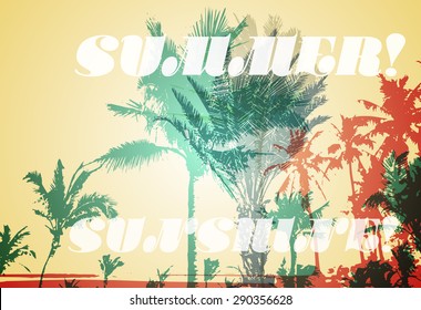 Colorful background with silhouette of palm trees on the beach. Tropical seasonal background for topics of travel, vacation and summer.