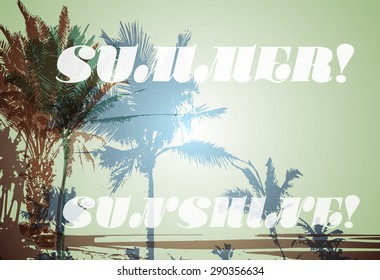 Colorful background with silhouette of palm trees on the beach. Tropical seasonal background for topics of travel, vacation and summer.