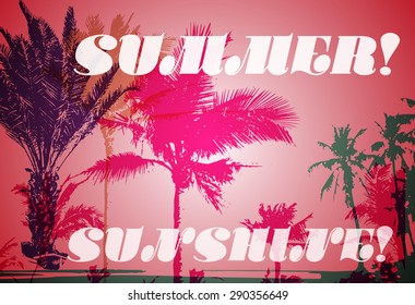 Colorful background with silhouette of palm trees on the beach. Tropical seasonal background for topics of travel, vacation and summer.