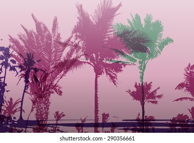 Colorful background with silhouette of palm trees on the beach. Tropical seasonal background for topics of travel, vacation and summer.