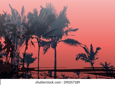 Colorful background with silhouette of palm trees on the beach. Tropical seasonal background for topics of travel, vacation and summer.