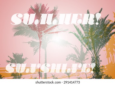 Colorful background with silhouette of palm trees on the beach. Tropical seasonal background for topics of travel, vacation and summer.