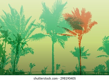 Colorful background with silhouette of palm trees on the beach. Tropical seasonal background for topics of travel, vacation and summer.