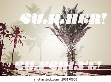 Colorful background with silhouette of palm trees on the beach. Tropical seasonal background for topics of travel, vacation and summer.